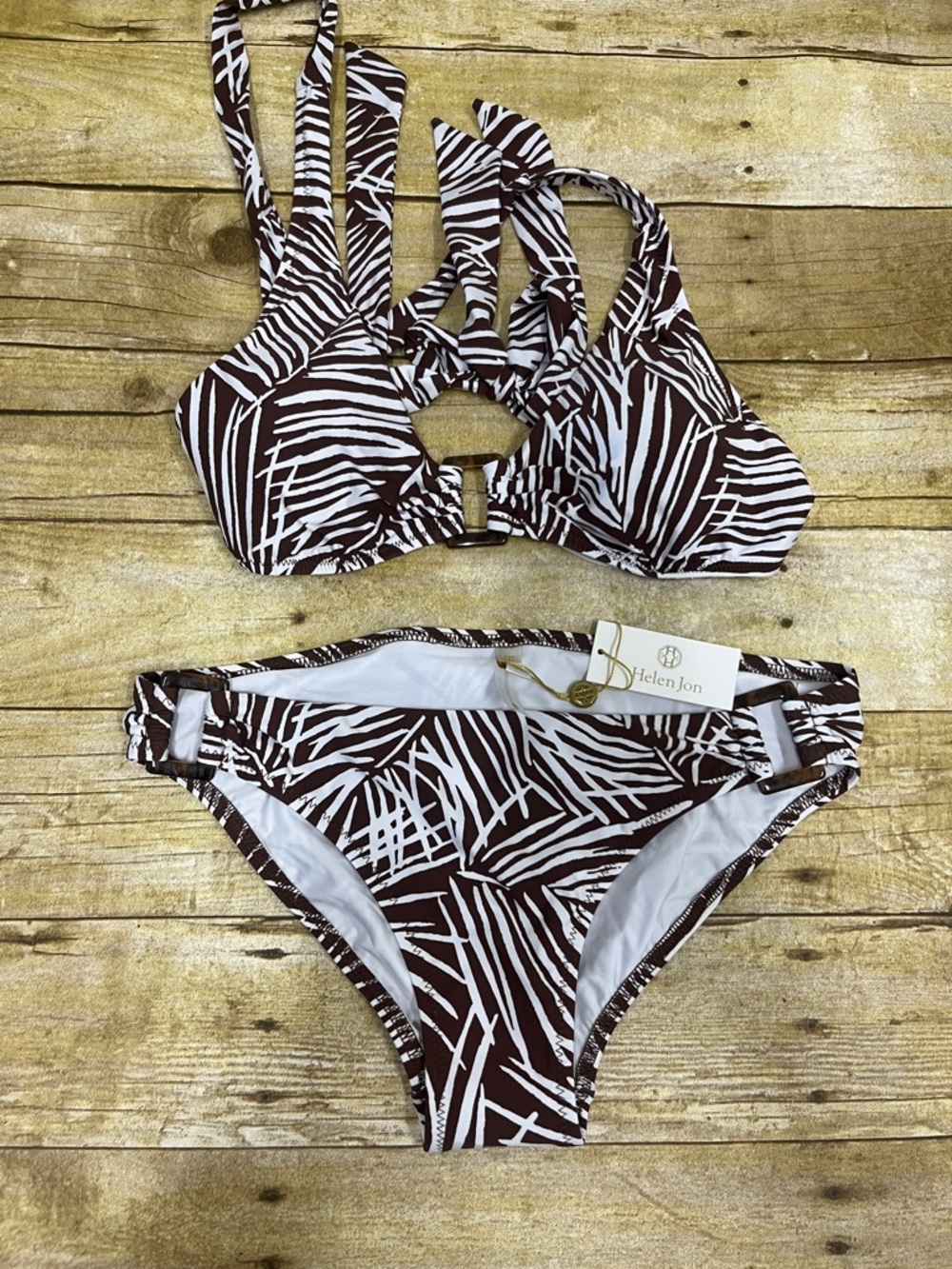 NWT Helen Jon Brown & White "Paradise Palm" Bikini size Small